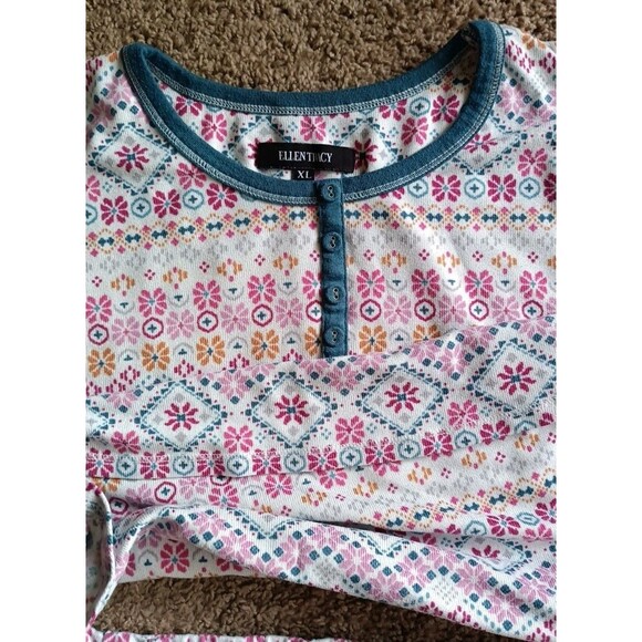 Ellen Tracy Two Piece Pajama Set Size XL Mixed Print Thermal Stretch Cozy - Picture 4 of 6